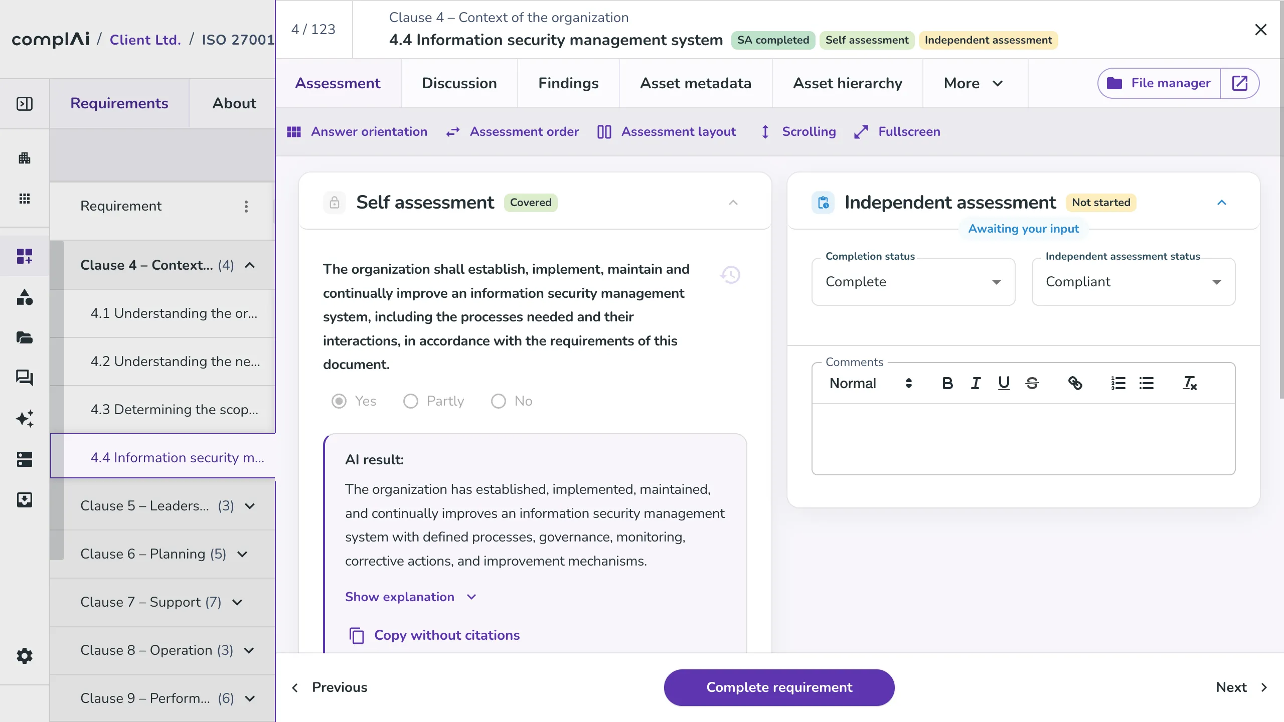 One requirement in review: the AI result on the self-assessment beside the independent assessment.
