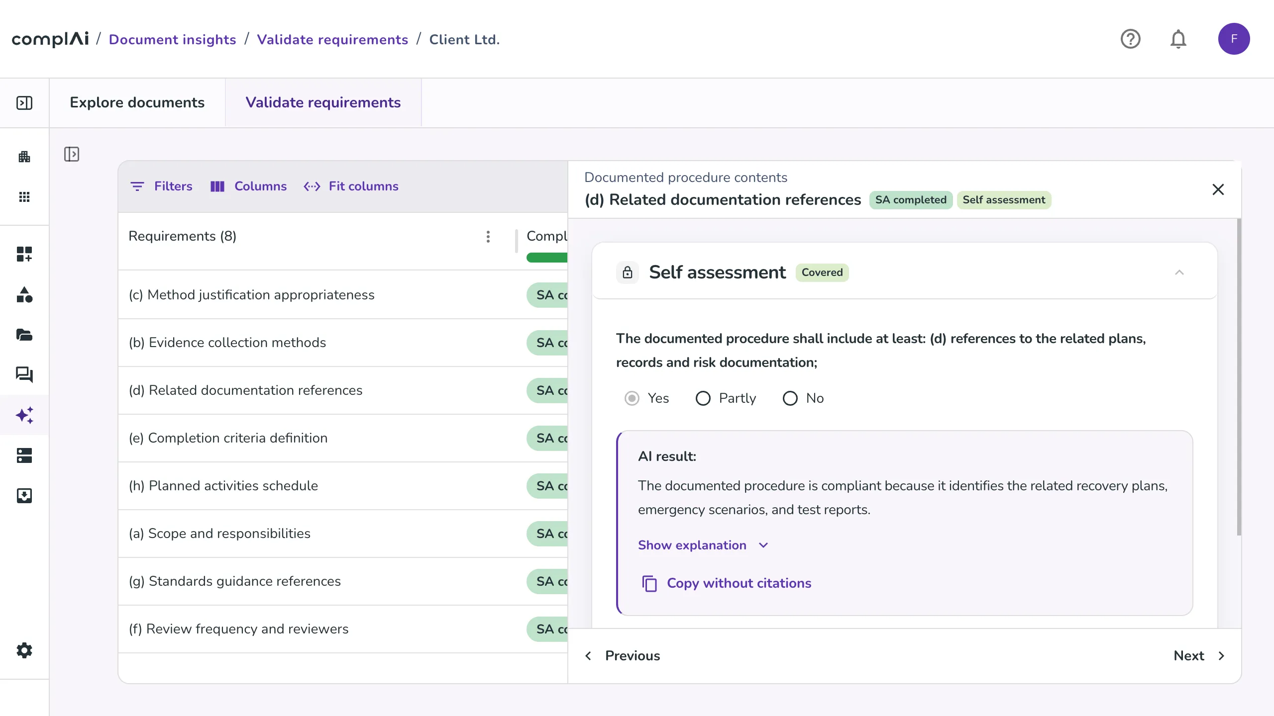 Validating requirements: the AI result for each requirement, with its explanation and citations.